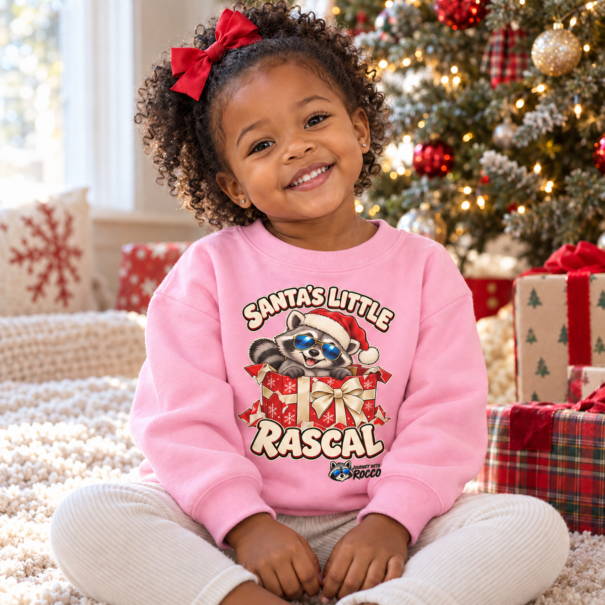 Rocco Toddler Long Sleeve Tee — "Santa's Little Rascal" Christmas Raccoon Holiday Red Gift Box Shirt