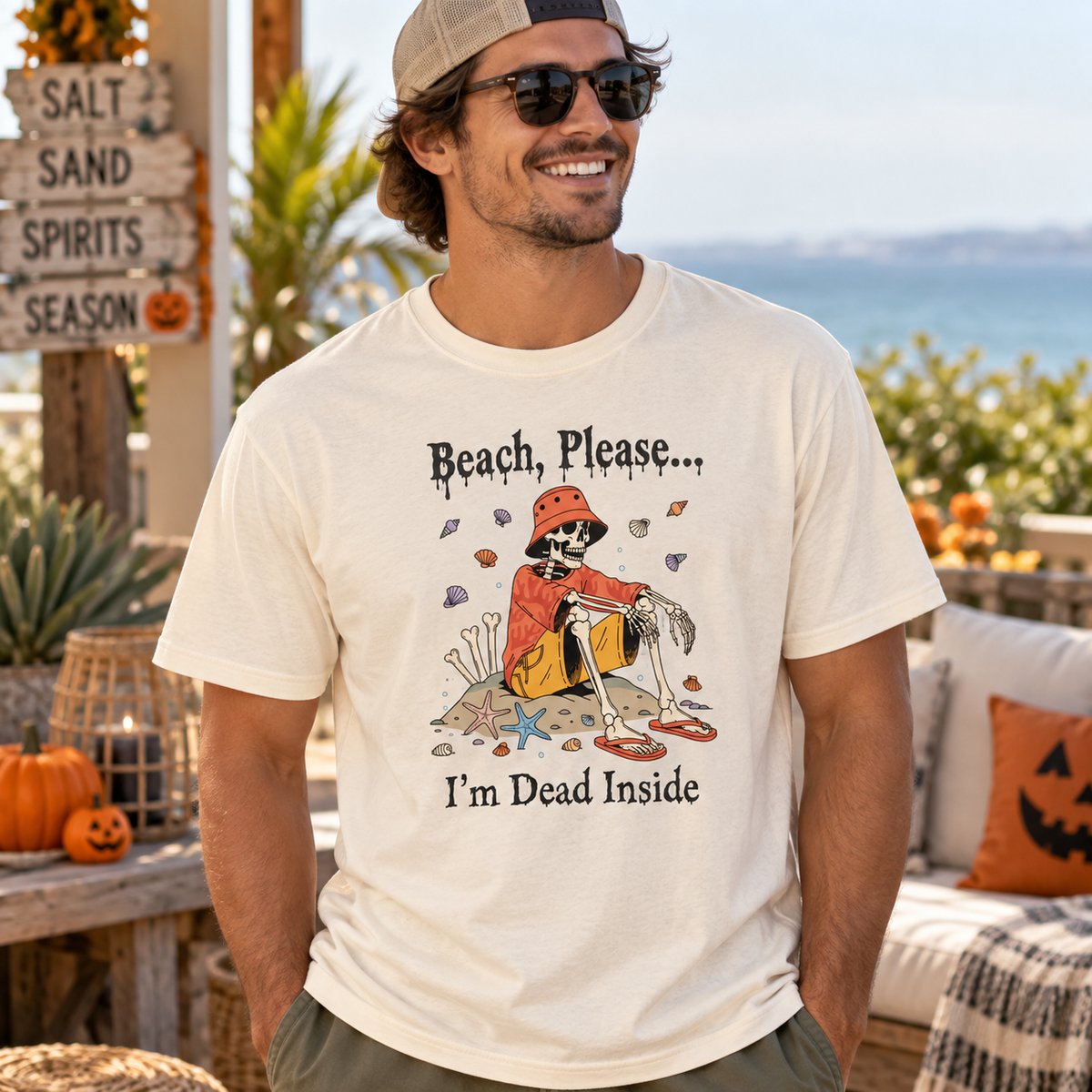 Beach Please I'm Dead Inside Shirt | Funny Skeleton Beach Halloween T-Shirt