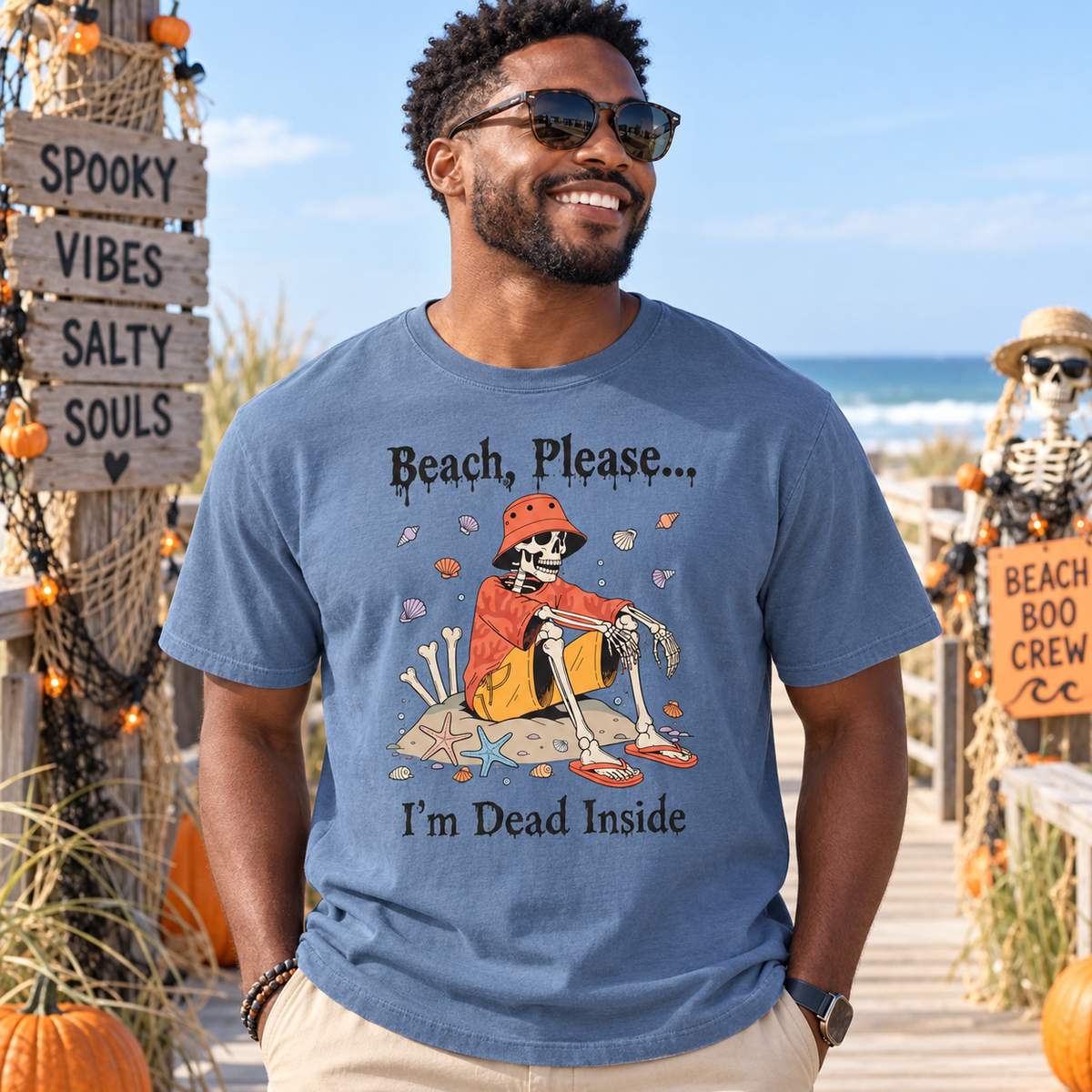 Beach Please I'm Dead Inside Shirt | Funny Skeleton Beach Halloween T-Shirt