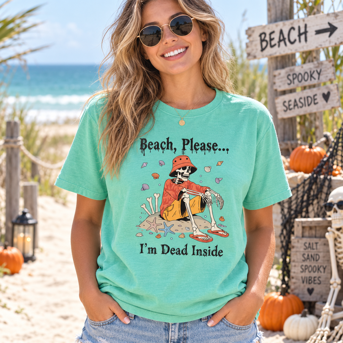 Beach Please I'm Dead Inside Shirt | Funny Skeleton Beach Halloween T-Shirt