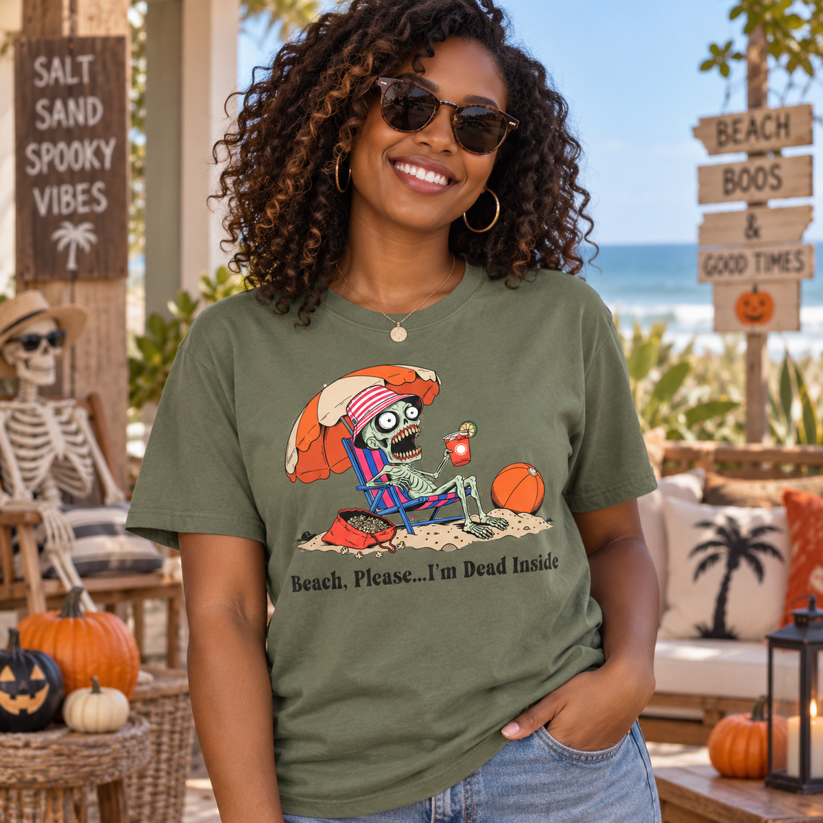 Beach Please I'm Dead Inside Shirt | Zombie Skeleton Beach Halloween T-Shirt