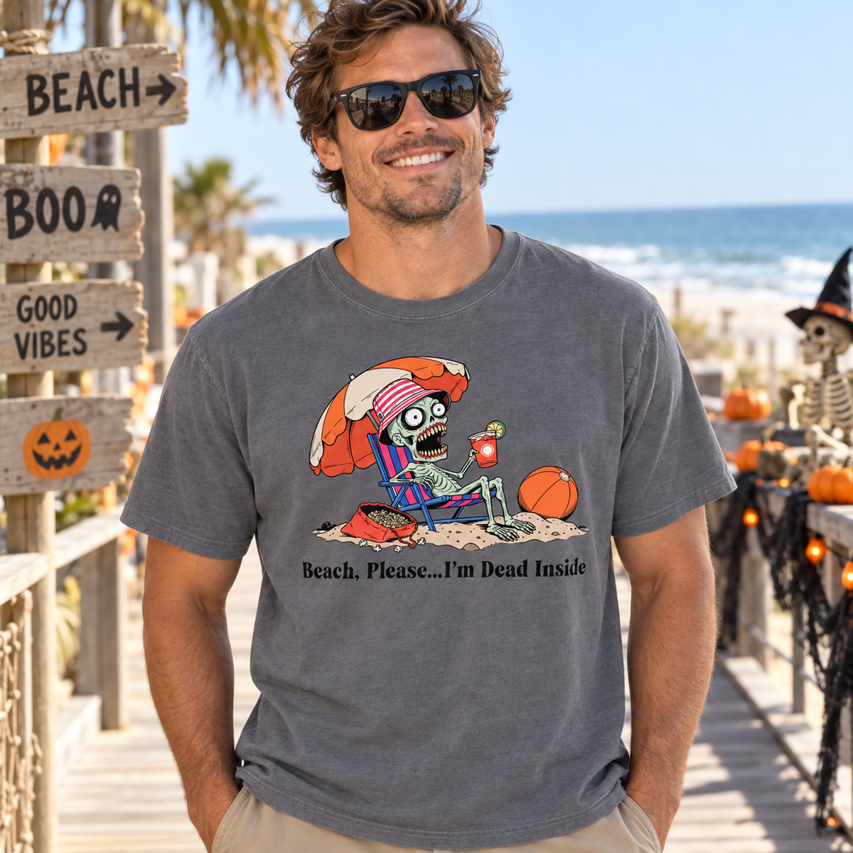 Beach Please I'm Dead Inside Shirt | Zombie Skeleton Beach Halloween T-Shirt