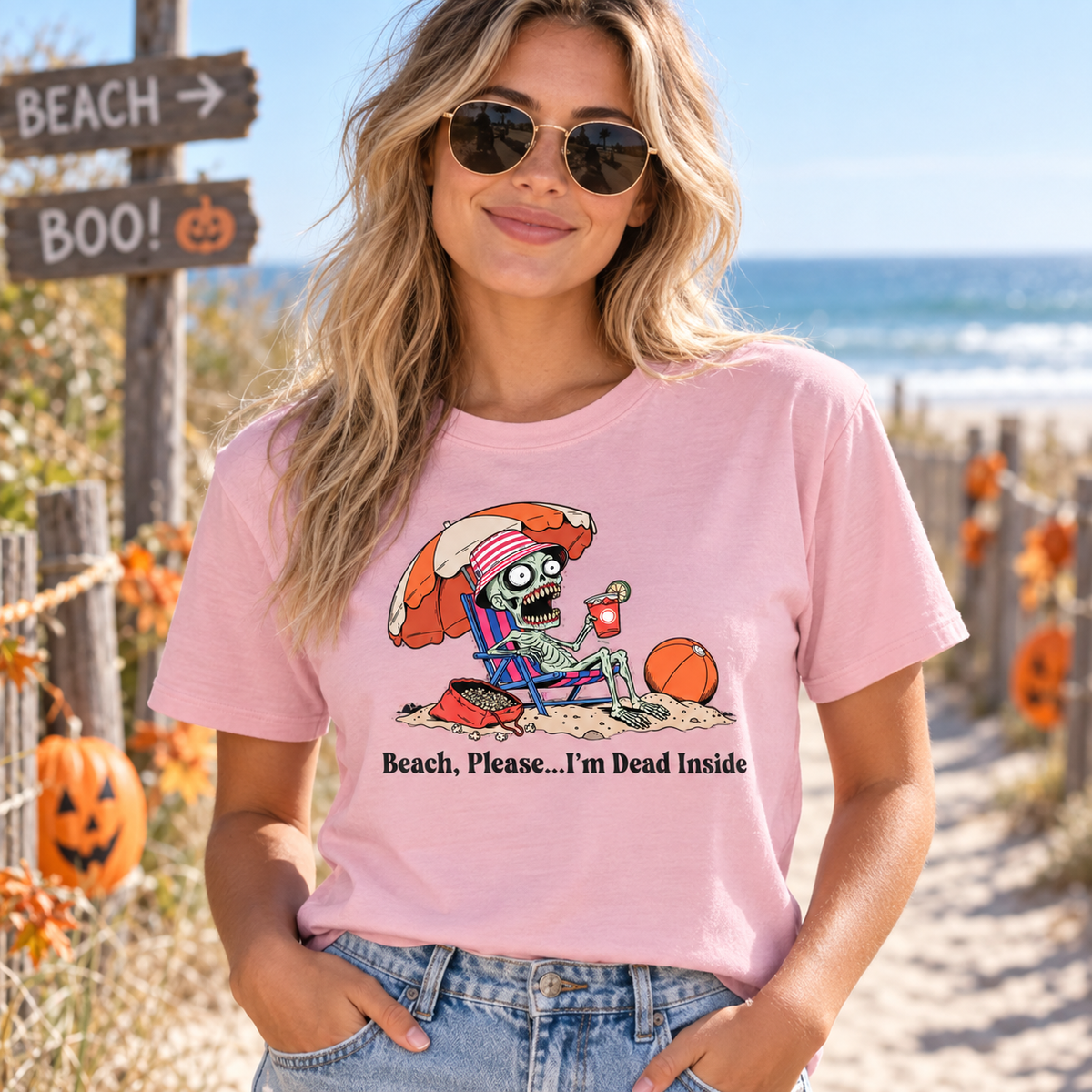 Beach Please I'm Dead Inside Shirt | Zombie Skeleton Beach Halloween T-Shirt