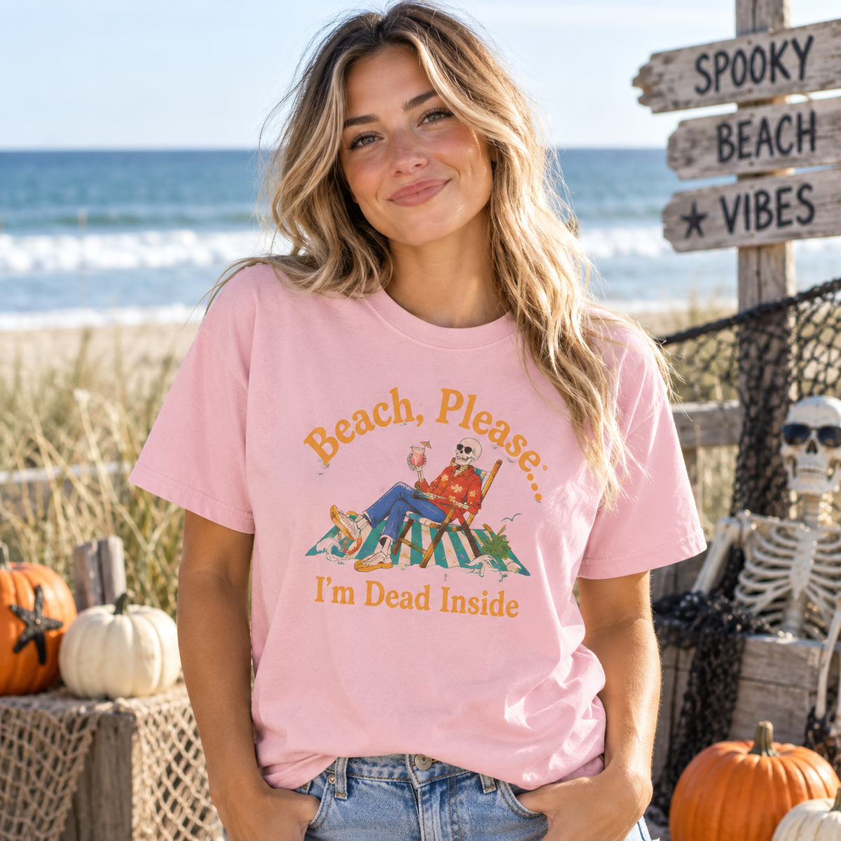 Beach Please I'm Dead Inside Shirt | Funny Lounging Skeleton Beach Halloween T-Shirt