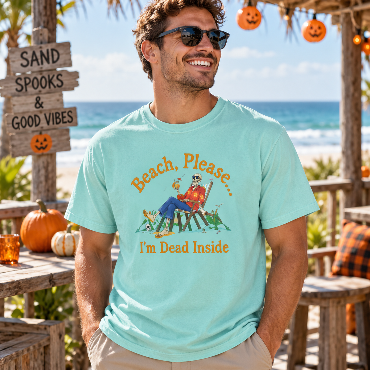 Beach Please I'm Dead Inside Shirt | Funny Lounging Skeleton Beach Halloween T-Shirt
