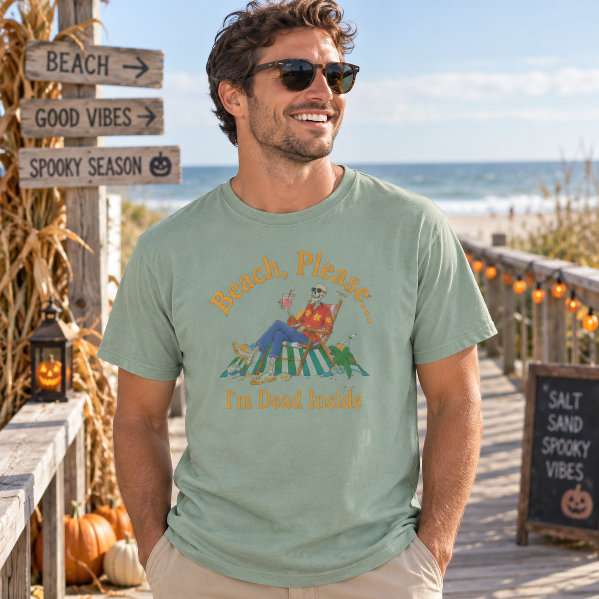Beach Please I'm Dead Inside Shirt | Funny Lounging Skeleton Beach Halloween T-Shirt