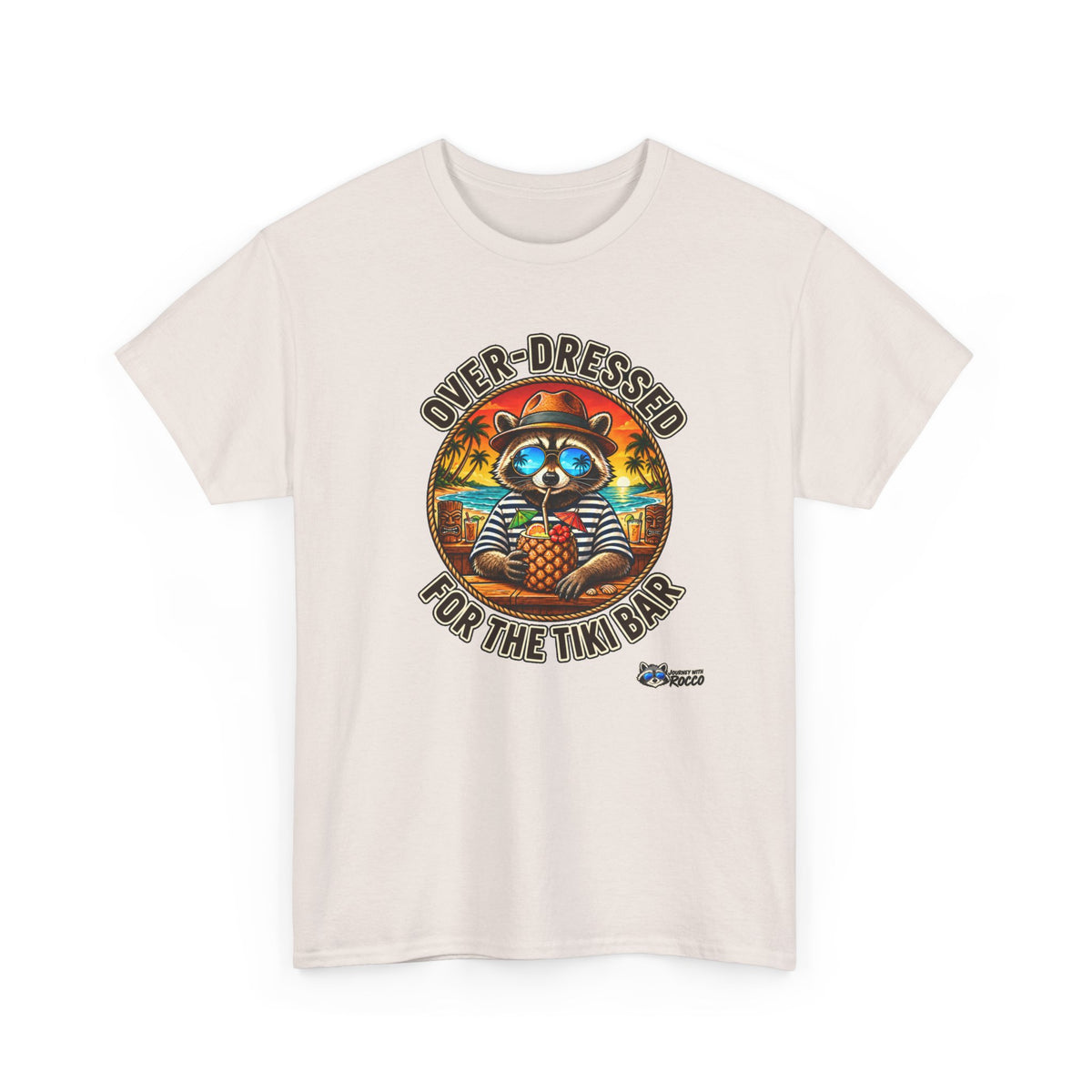 Rocco Raccoon “Over-Dressed for the Tiki Bar” T-Shirt | Retro Tropical Beach Tee | Journey with Rocco Series