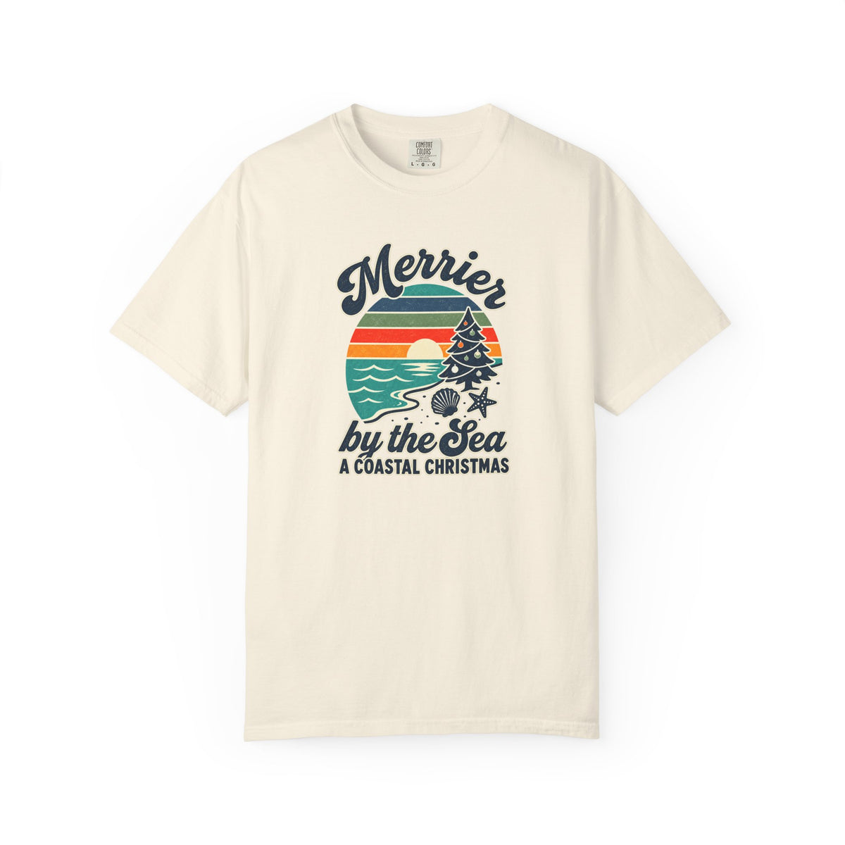 Merrier by the Sea Coastal Christmas T-Shirt | Tropical Sunset Beach Holiday Tee