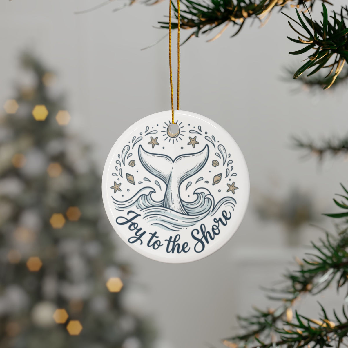 Joy to the Shore Whale Tail Ceramic Christmas Ornament | Coastal Holiday Decor