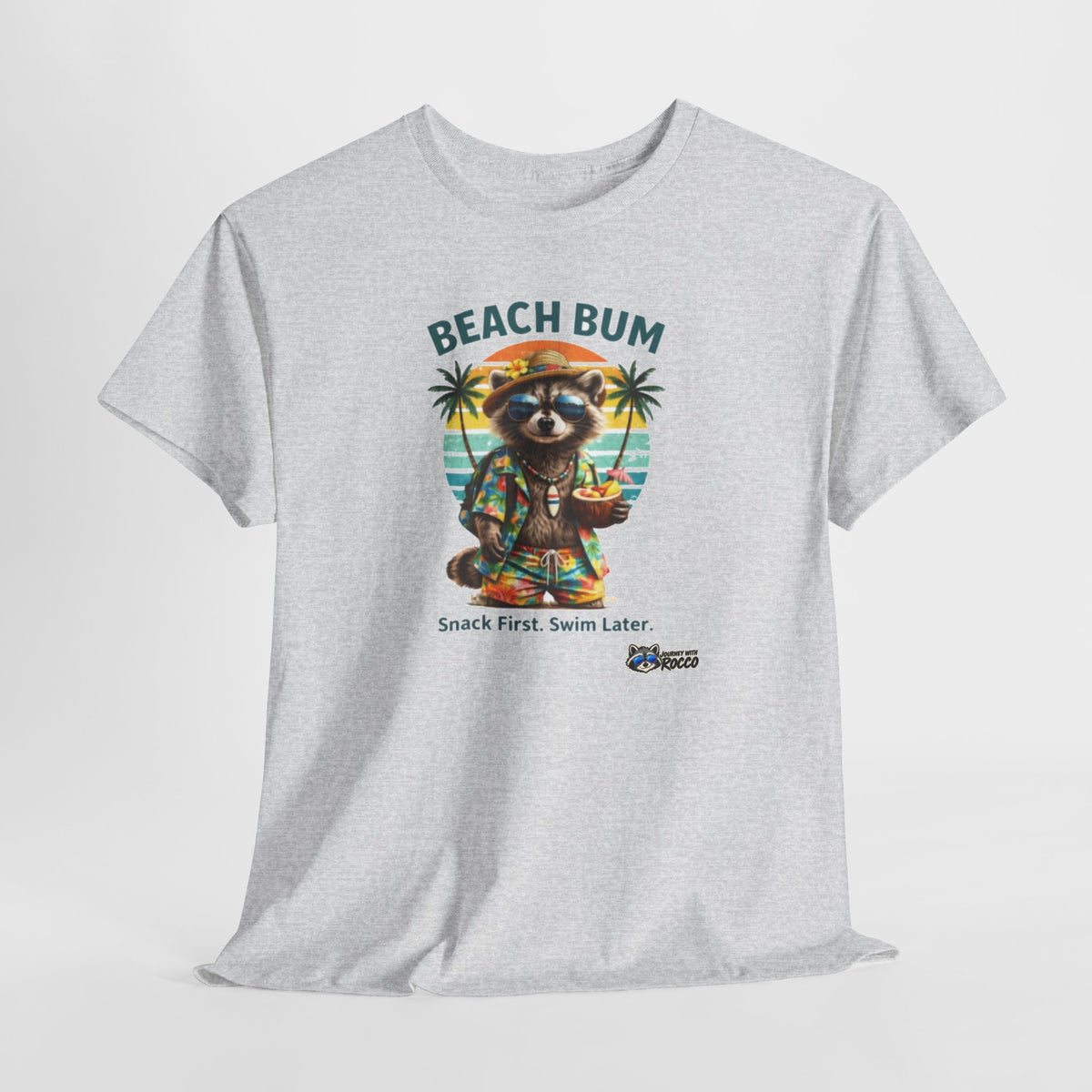Rocco Raccoon "Beach Bum" T-Shirt | Funny Beach Humor Tee | Journey with Rocco Series