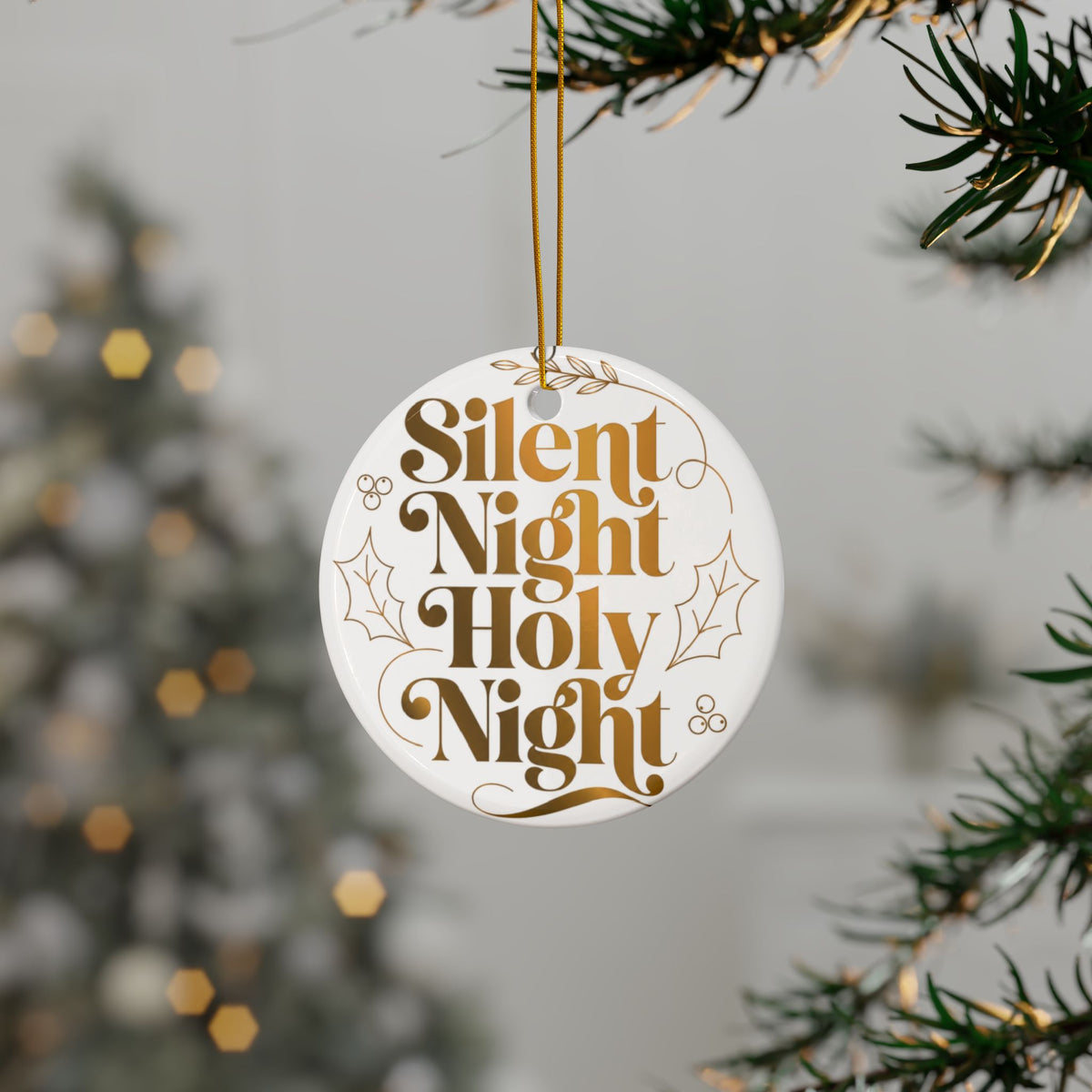 Silent Night Holy Night Ceramic Ornament | Gold Vintage Christmas Tree Decor