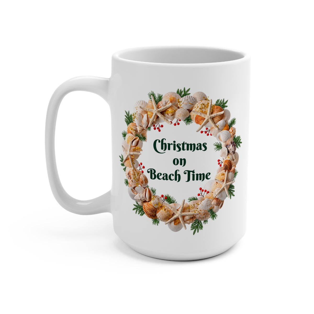 Christmas on Beach Time Seashell Wreath Mug | Coastal Holiday Coffee Cup