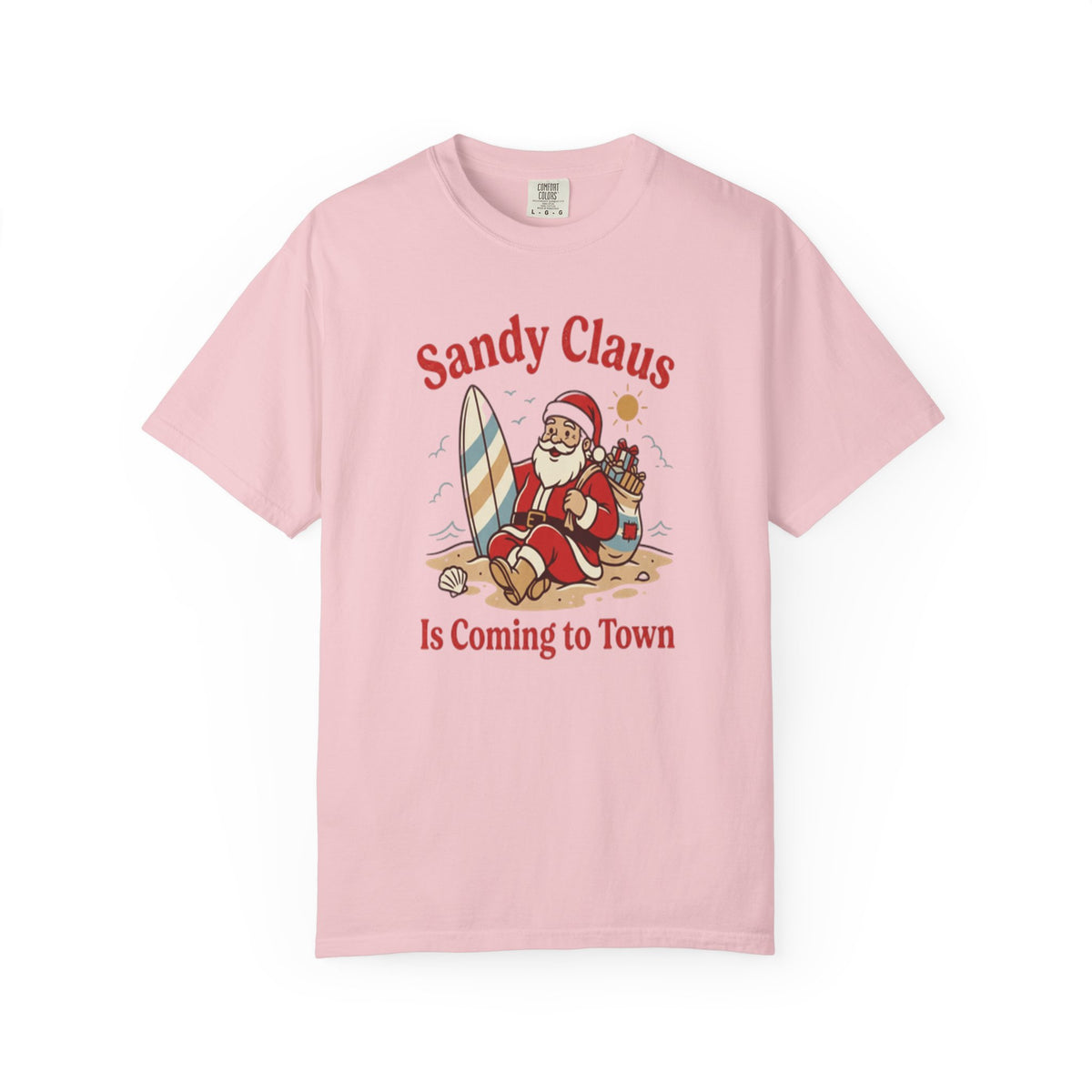 Sandy Claus Is Coming to Town T-Shirt | Funny Surfing Santa Coastal Christmas Tee