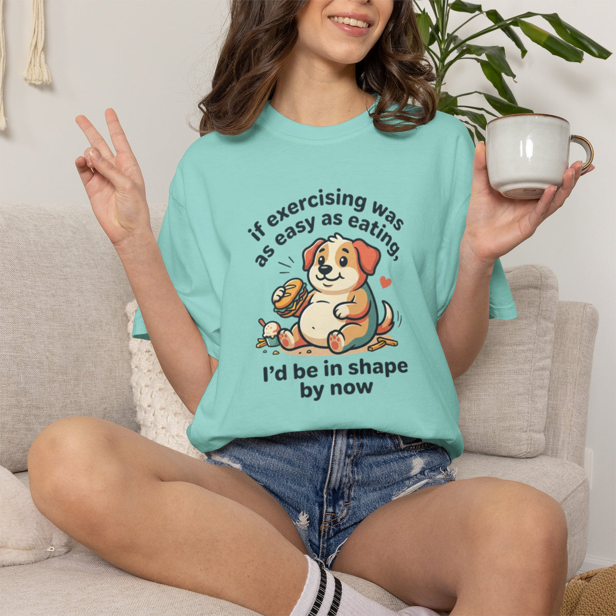 If Exercising Was As Easy As Eating Puppy T-Shirt | Funny Pink Graphic Tee