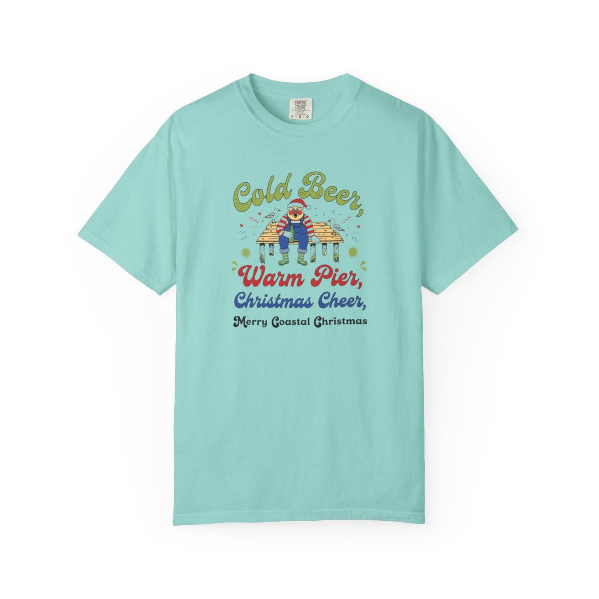 Cold Beer Warm Pier Merry Coastal Christmas T-Shirt | Santa Beach Graphic Tee