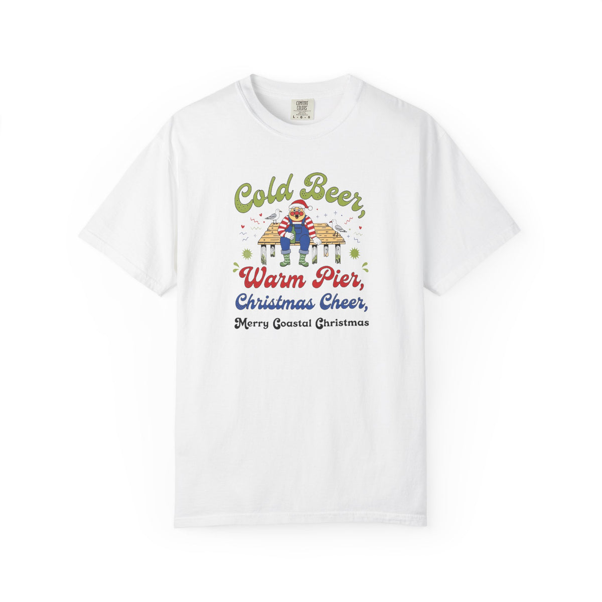 Cold Beer Warm Pier Merry Coastal Christmas T-Shirt | Santa Beach Graphic Tee