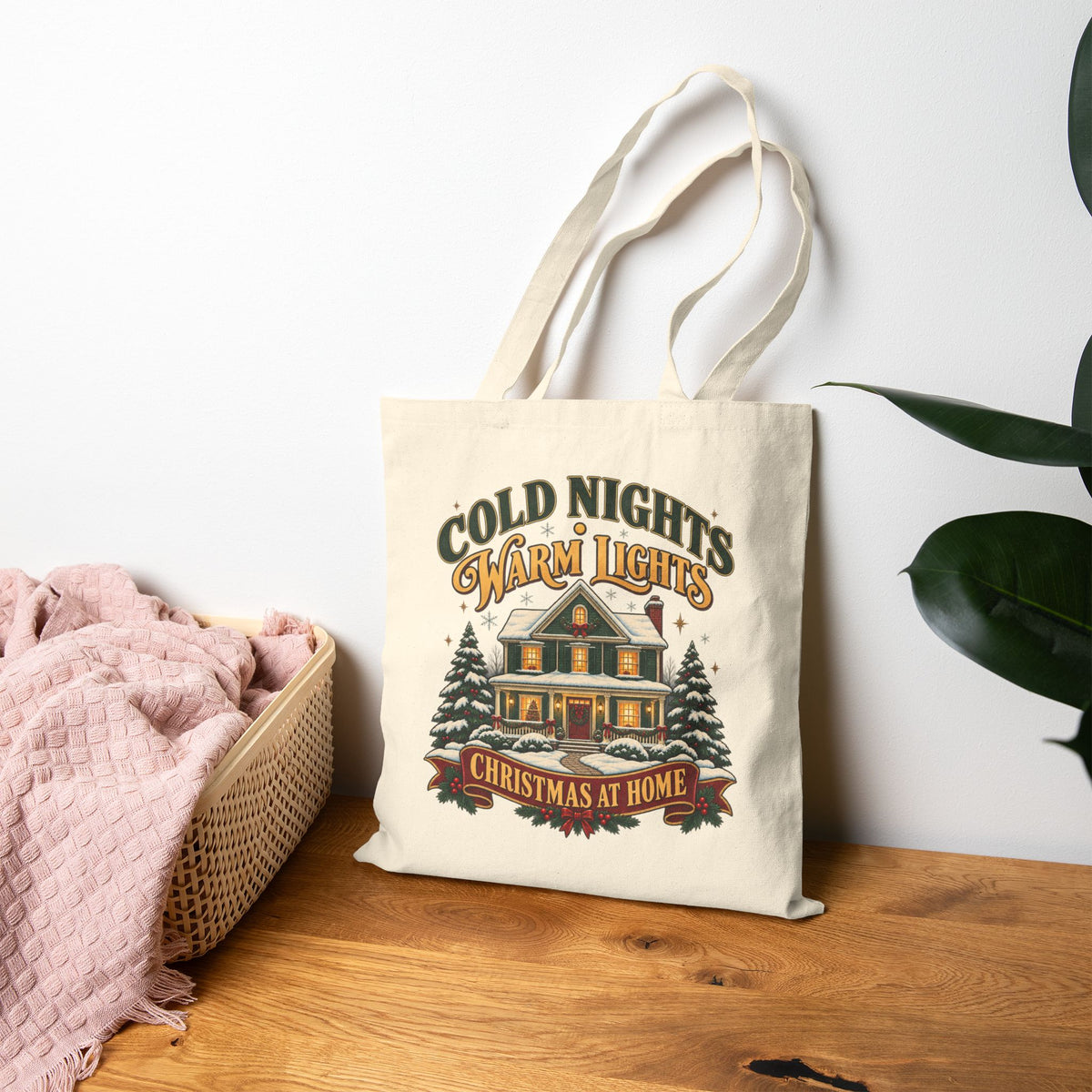 Cold Nights Warm Lights Christmas at Home Tote Bag | Festive Natural Canvas Shopping Tote