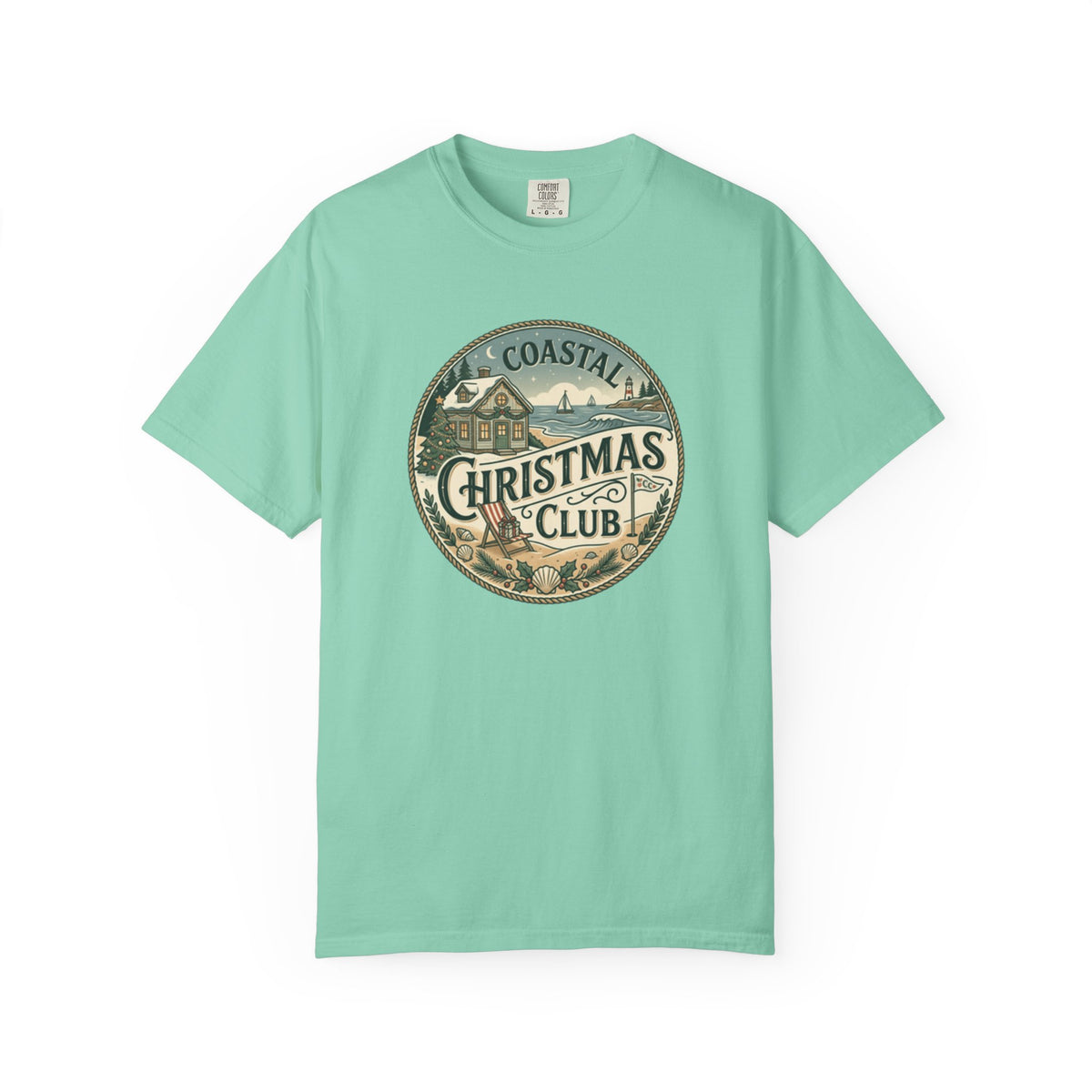 Coastal Christmas Club Vintage Badge T-Shirt | Mint Green Beach Holiday Tee