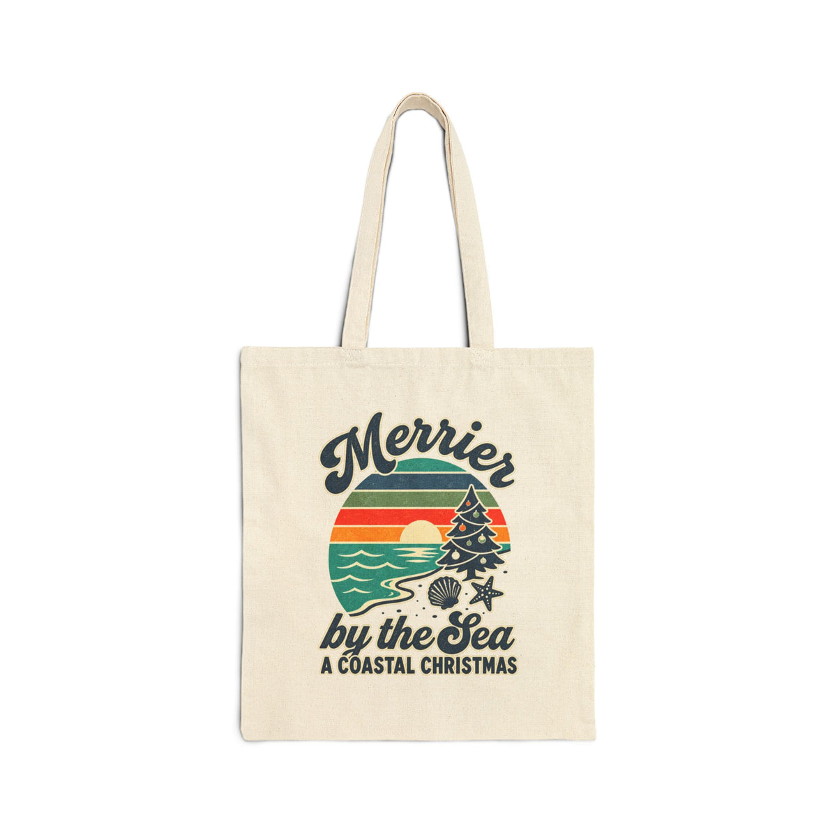 Tote Bag — "Merrier by the Sea: A Coastal Christmas" Canvas Tote 15 X 16