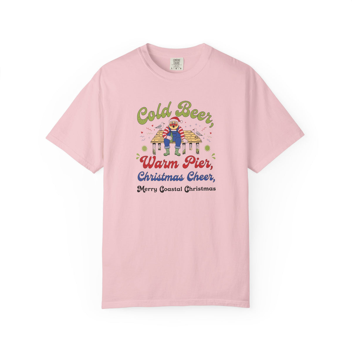 Cold Beer Warm Pier Merry Coastal Christmas T-Shirt | Santa Beach Graphic Tee