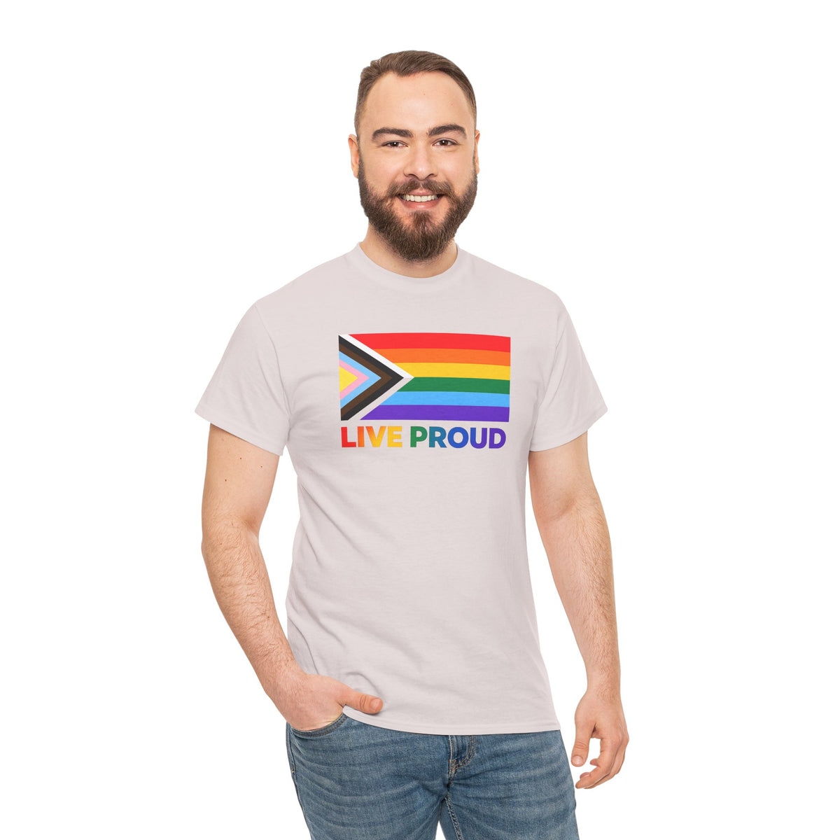 Live Proud Progress Pride Flag T-Shirt | LGBTQ+ Equality Graphic Tee
