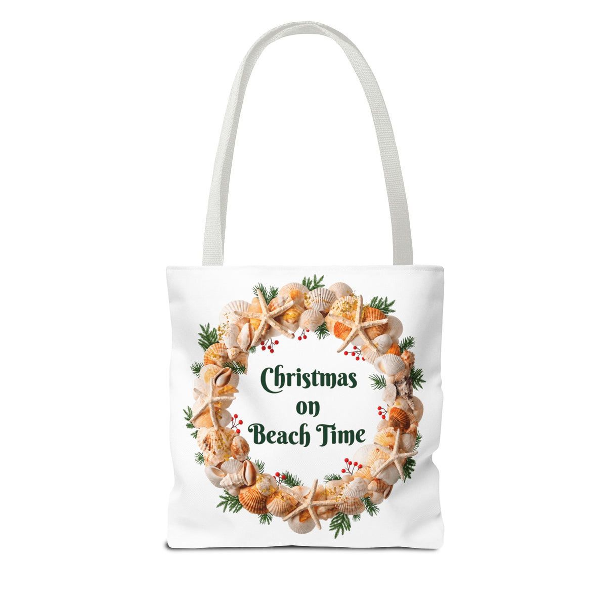 Christmas on Beach Time Seashell Wreath Tote Bag | Coastal Holiday Shopping Bag