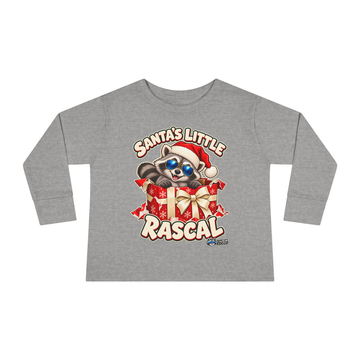 Rocco Toddler Long Sleeve Tee — "Santa's Little Rascal" Christmas Raccoon Holiday Red Gift Box Shirt