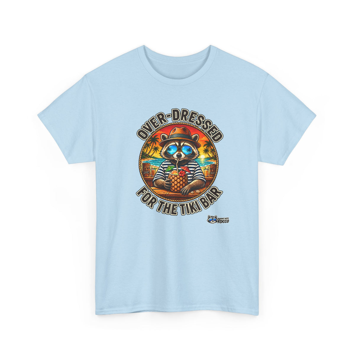 Rocco Raccoon “Over-Dressed for the Tiki Bar” T-Shirt | Retro Tropical Beach Tee | Journey with Rocco Series