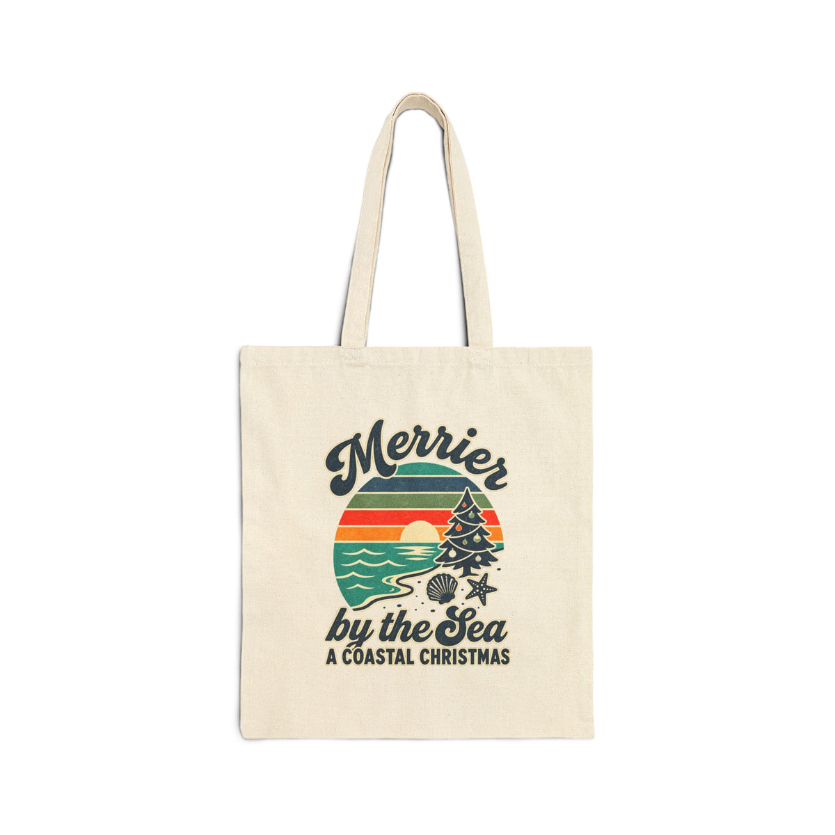 Tote Bag — "Merrier by the Sea: A Coastal Christmas" Canvas Tote 15 X 16