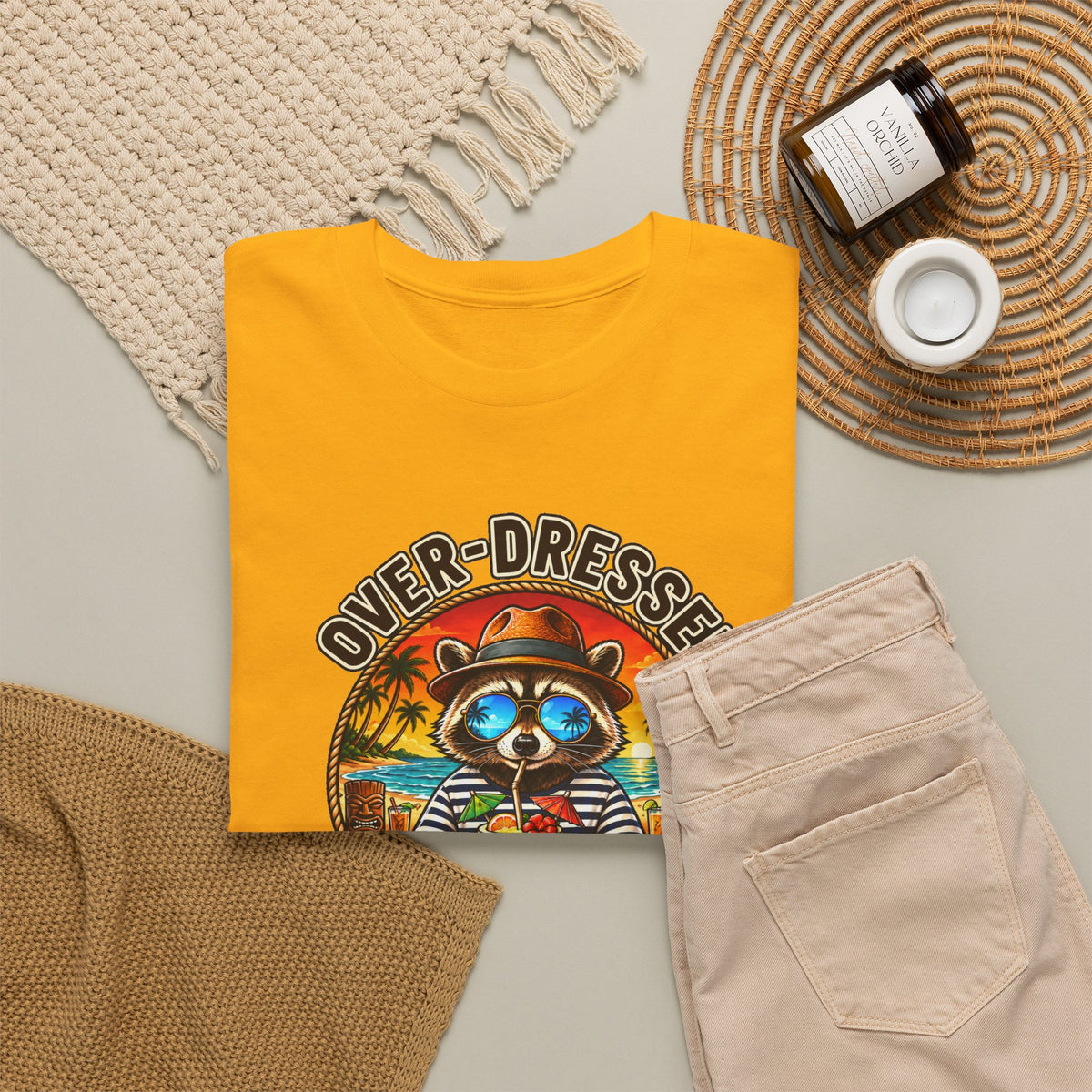 Rocco Raccoon “Over-Dressed for the Tiki Bar” T-Shirt | Retro Tropical Beach Tee | Journey with Rocco Series