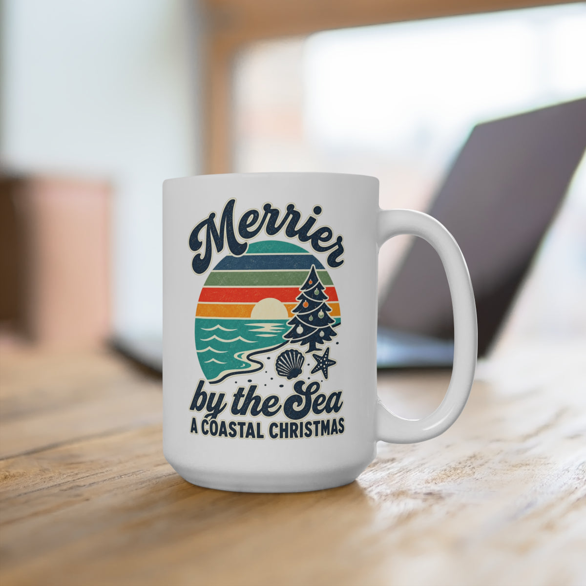 Merrier by the Sea Coastal Christmas Coffee Mug | Vintage Beach Holiday Cup