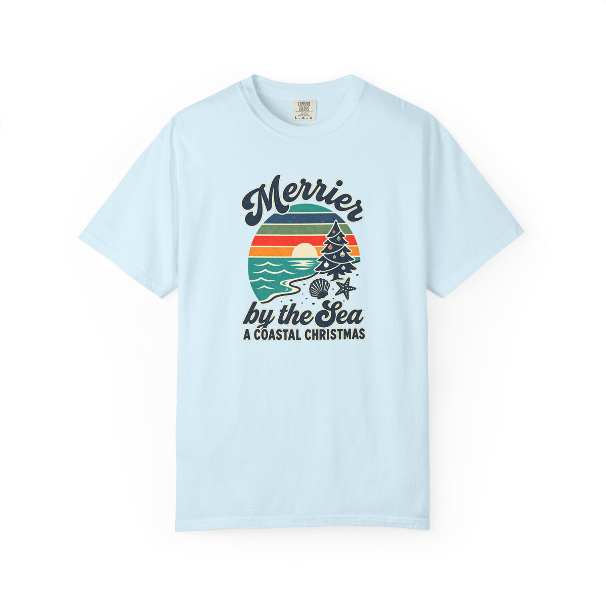 Merrier by the Sea Coastal Christmas T-Shirt | Tropical Sunset Beach Holiday Tee