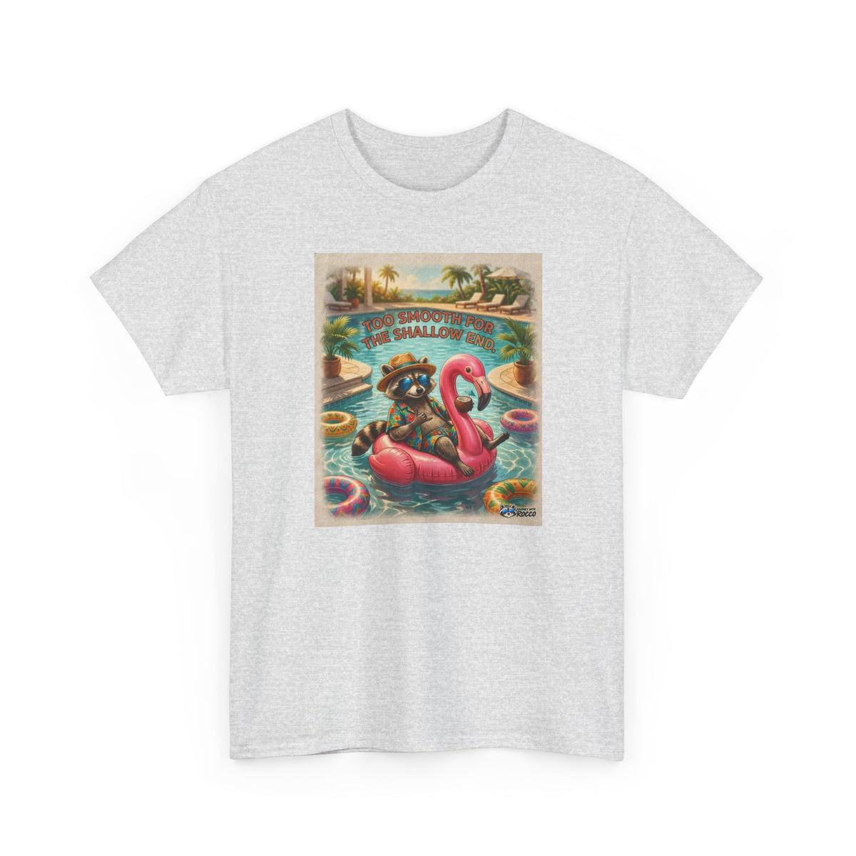 Rocco Raccoon “Too Smooth for the Shallow End” T-Shirt | Funny Summer Beach Tee | Journey with Rocco Series