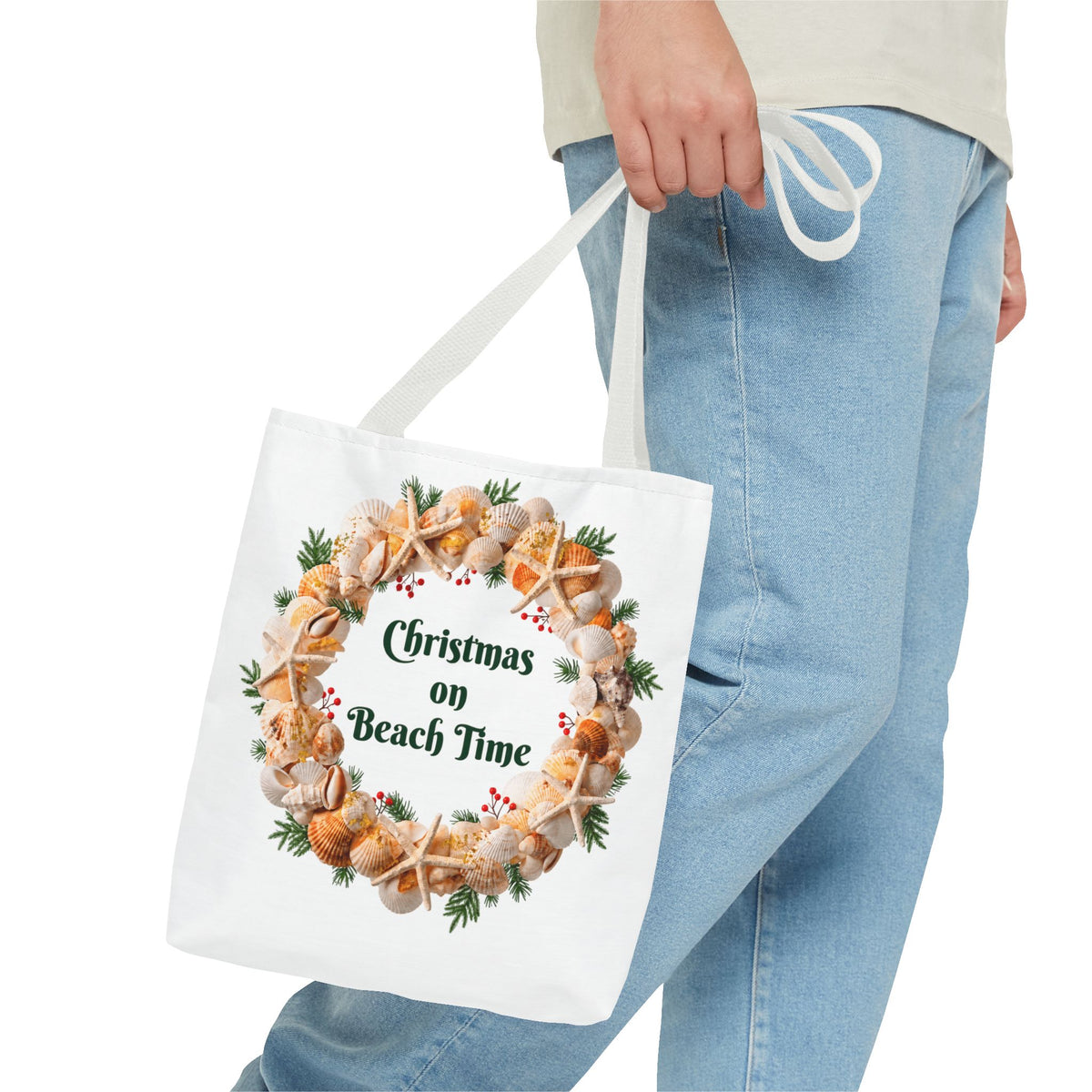Christmas on Beach Time Seashell Wreath Tote Bag | Coastal Holiday Shopping Bag