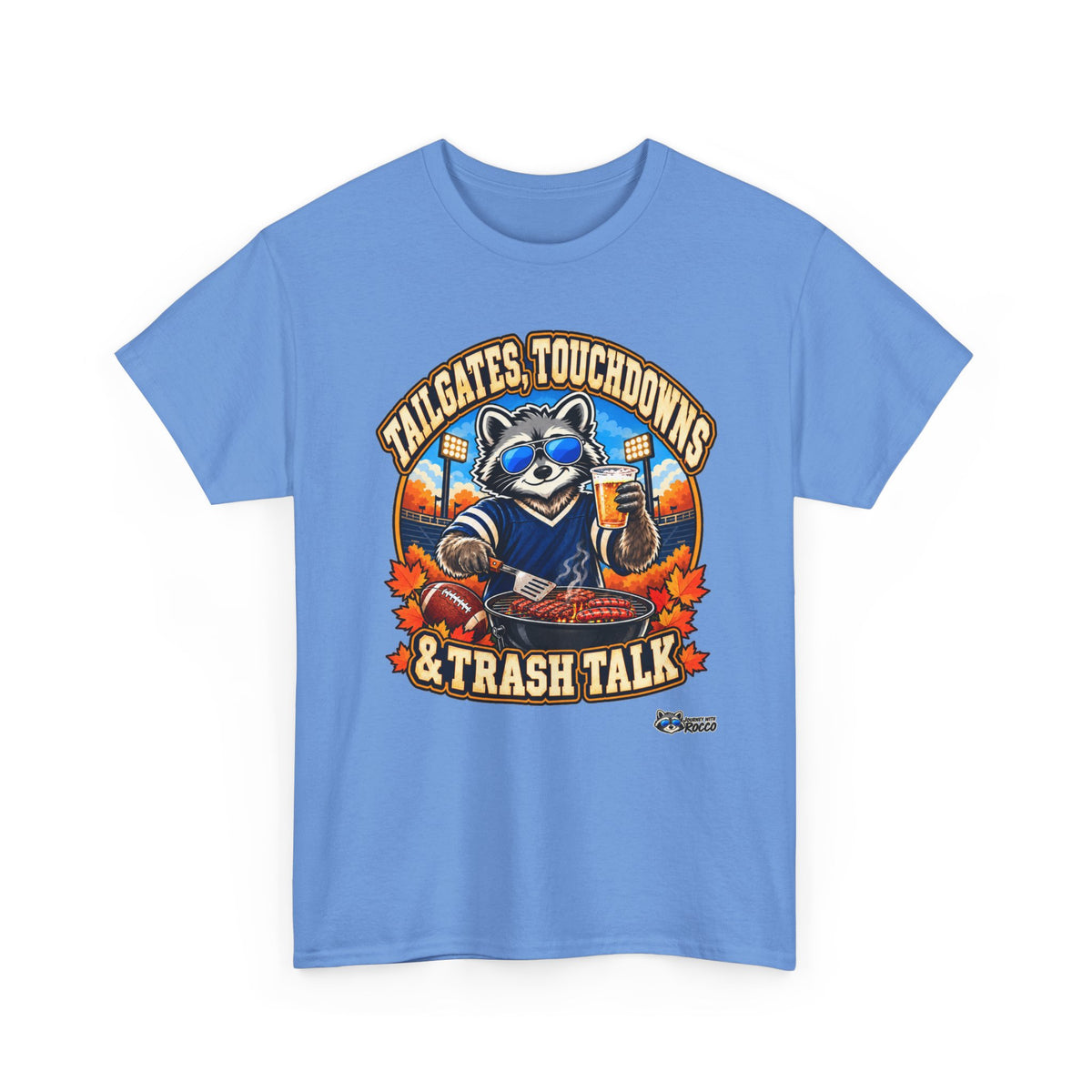 Rocco Raccoon “Tailgates, Touchdowns & Trash Talk” T-Shirt | Funny Football Tailgate Tee | Journey with Rocco Series