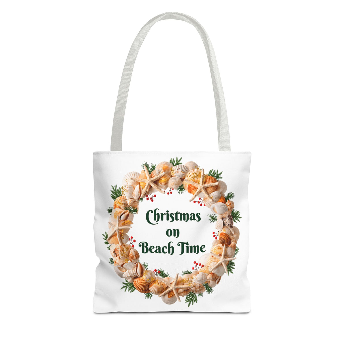 Christmas on Beach Time Seashell Wreath Tote Bag | Coastal Holiday Shopping Bag