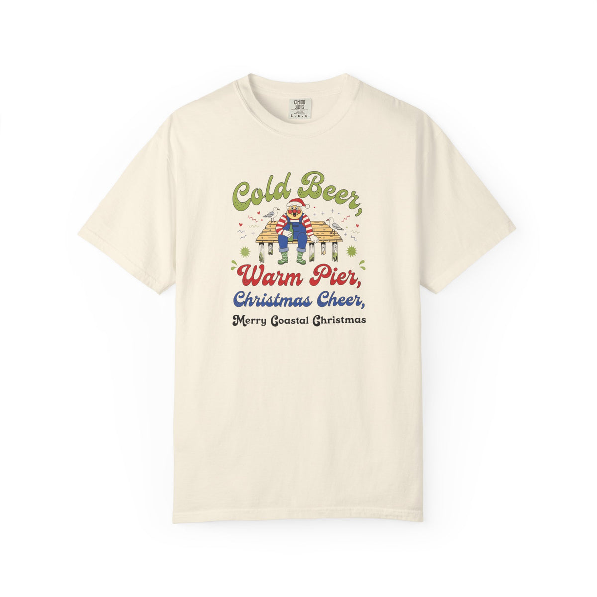 Cold Beer Warm Pier Merry Coastal Christmas T-Shirt | Santa Beach Graphic Tee