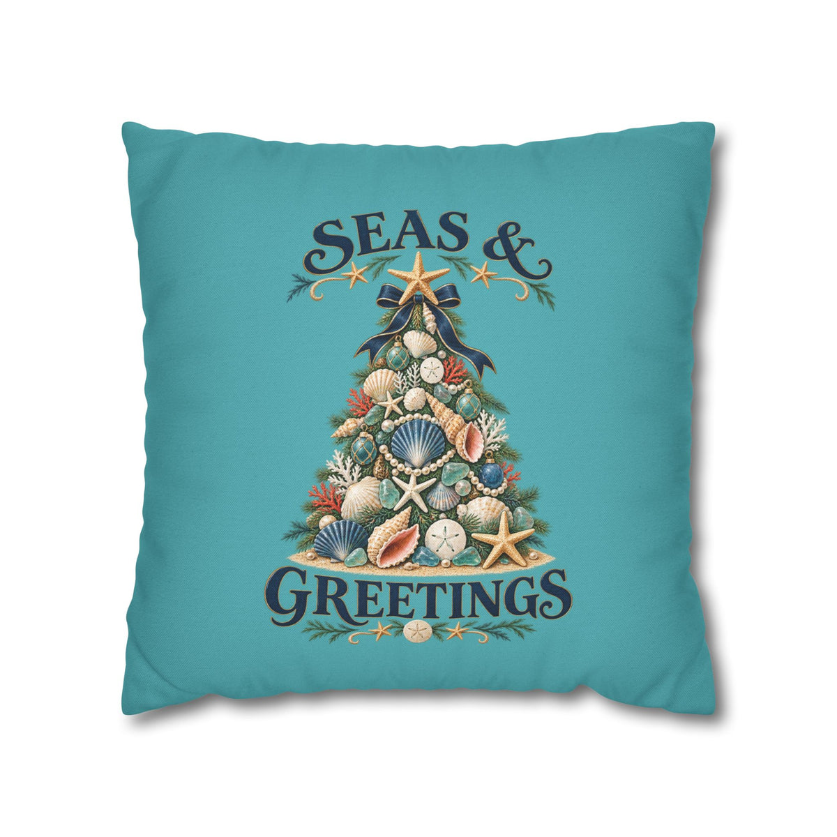 Seas and Greetings Seashell Christmas Tree Throw Pillow | Coastal Holiday Decor