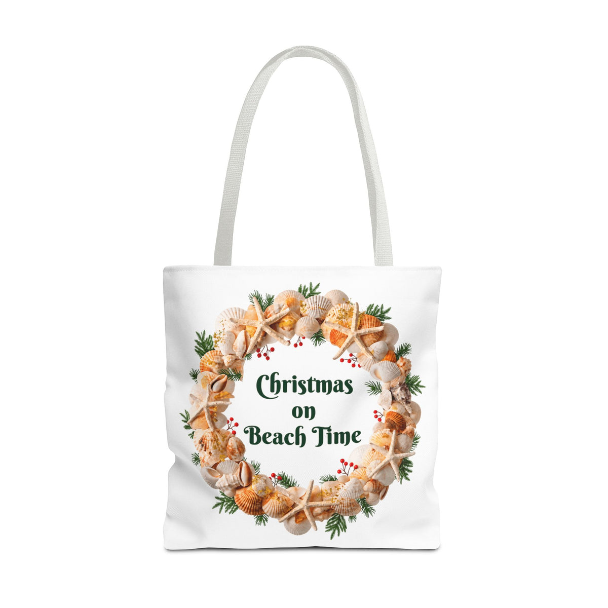 Christmas on Beach Time Seashell Wreath Tote Bag | Coastal Holiday Shopping Bag