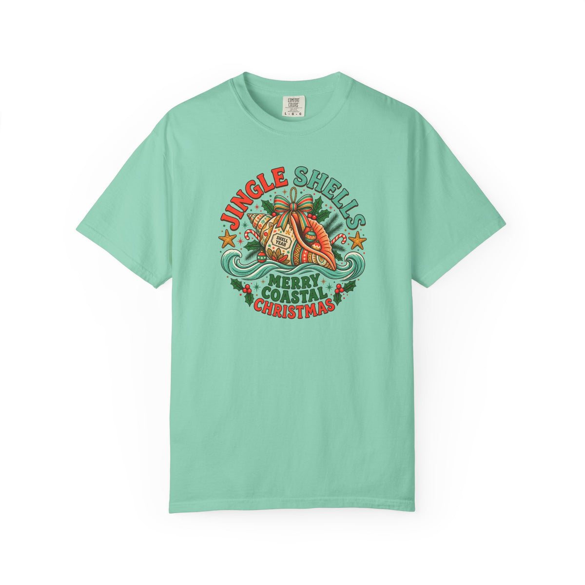 Jingle Shells Merry Coastal Christmas T-Shirt | Beach Seashell Holiday Tee