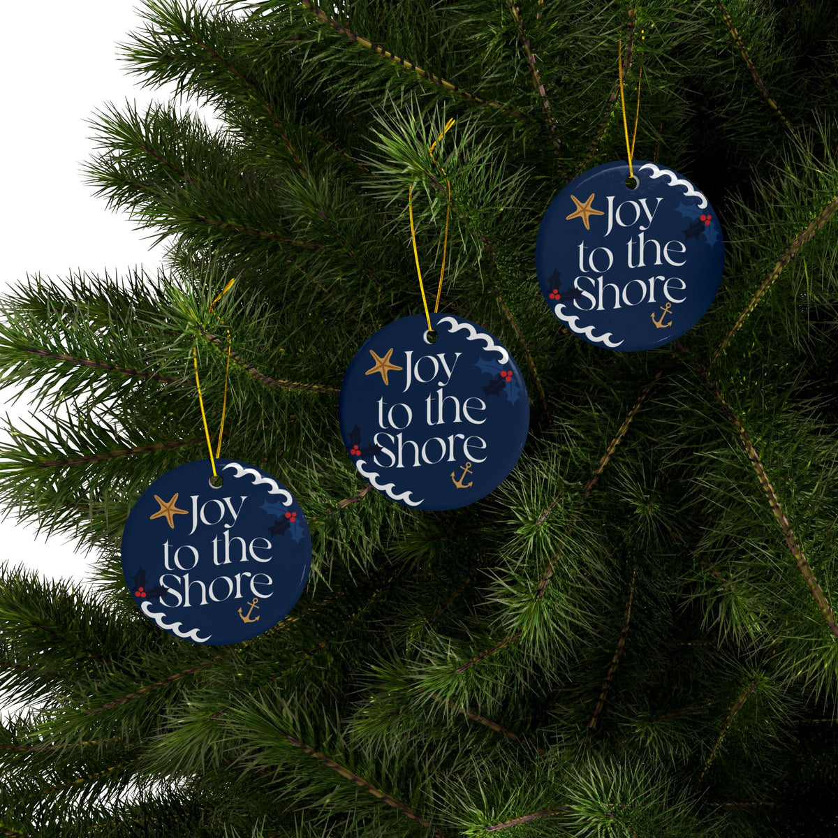 Joy to the Shore Navy Ceramic Christmas Ornament | Coastal Nautical Tree Decor