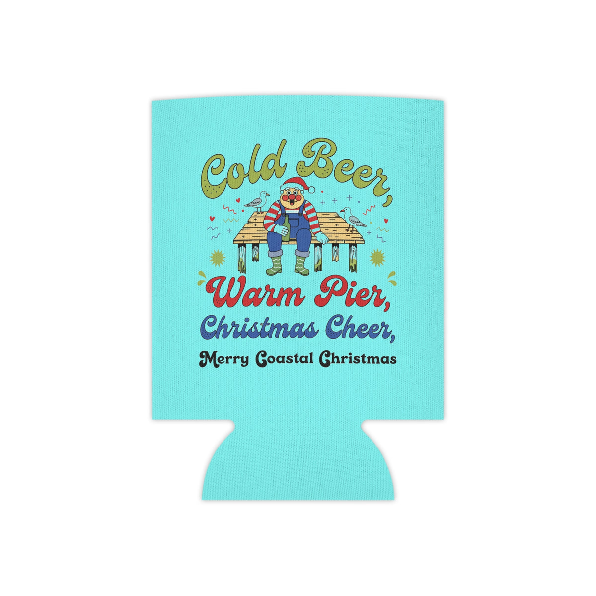 Cold Beer Warm Pier Coastal Christmas Can Cooler | Funny Beach Beer Hugger