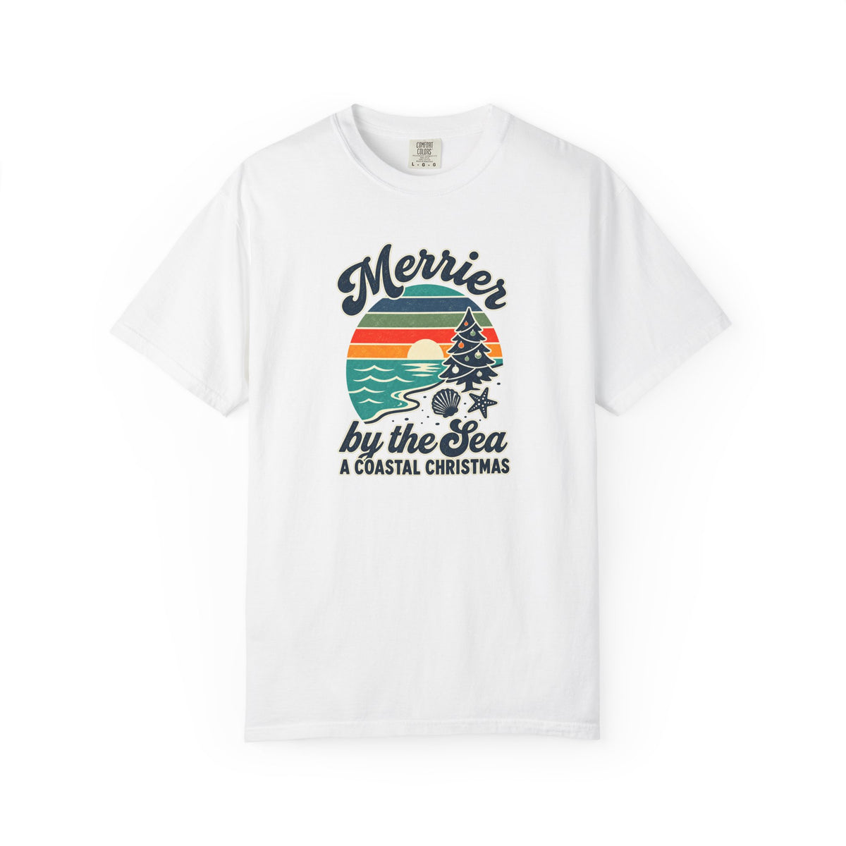 Merrier by the Sea Coastal Christmas T-Shirt | Tropical Sunset Beach Holiday Tee