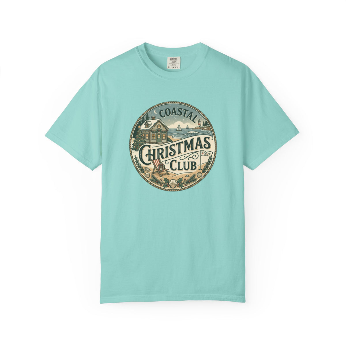 Coastal Christmas Club Vintage Badge T-Shirt | Mint Green Beach Holiday Tee