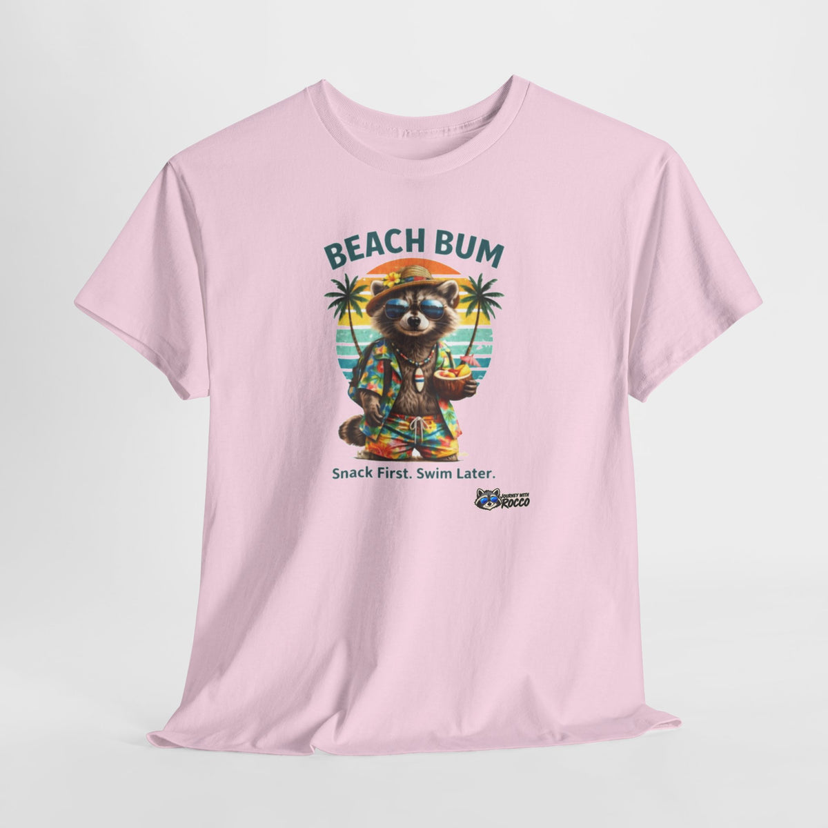 Rocco Raccoon "Beach Bum" T-Shirt | Funny Beach Humor Tee | Journey with Rocco Series