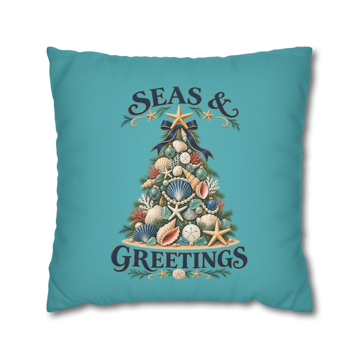 Seas and Greetings Seashell Christmas Tree Throw Pillow | Coastal Holiday Decor