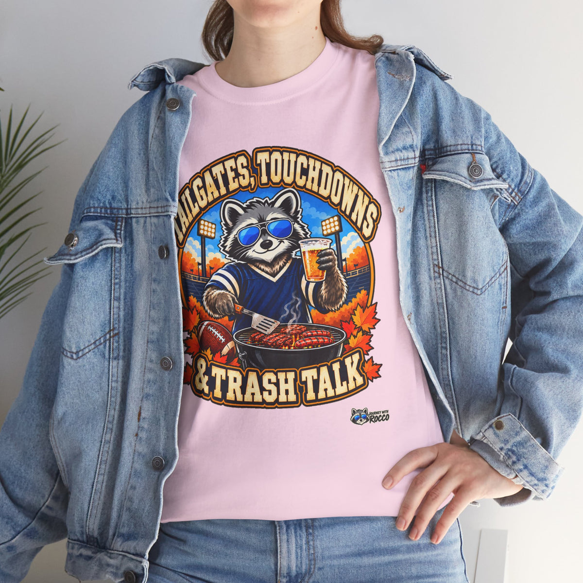 Rocco Raccoon “Tailgates, Touchdowns & Trash Talk” T-Shirt | Funny Football Tailgate Tee | Journey with Rocco Series