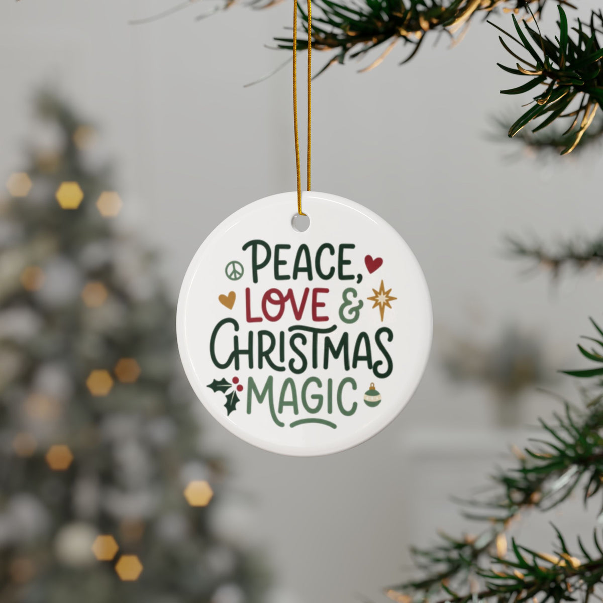 Peace Love & Christmas Magic Ceramic Ornament | Festive Holiday Tree Decoration