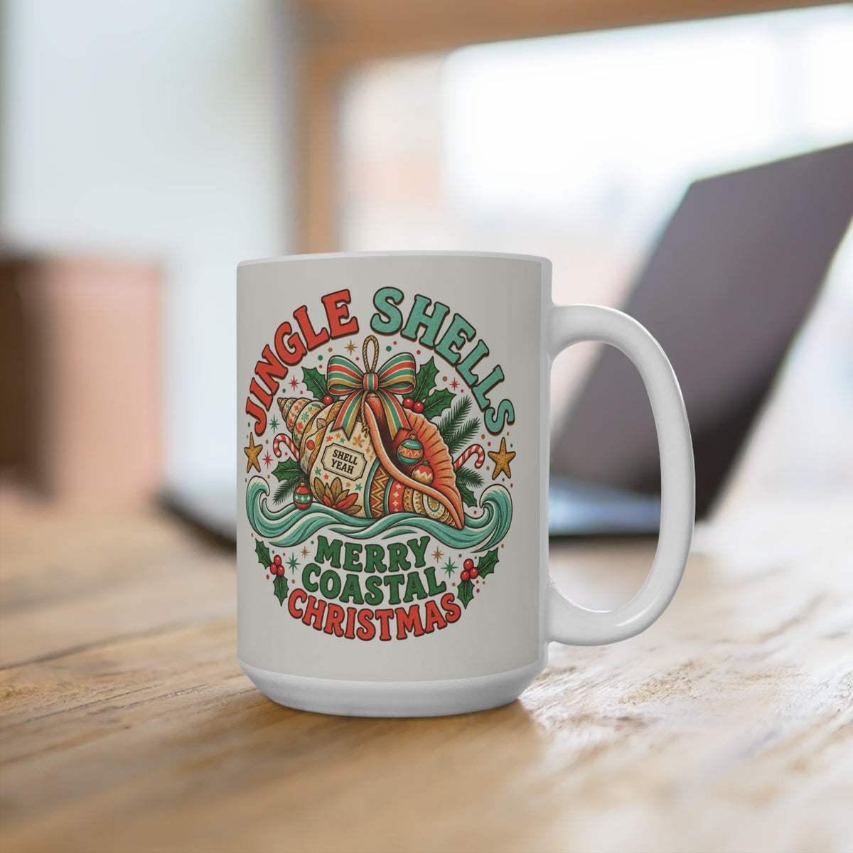 Jingle Shells Merry Coastal Christmas Coffee Mug | Beachy Holiday Ceramic Cup