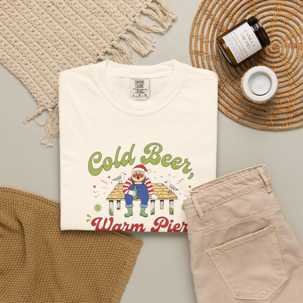 Cold Beer Warm Pier Merry Coastal Christmas T-Shirt | Santa Beach Graphic Tee